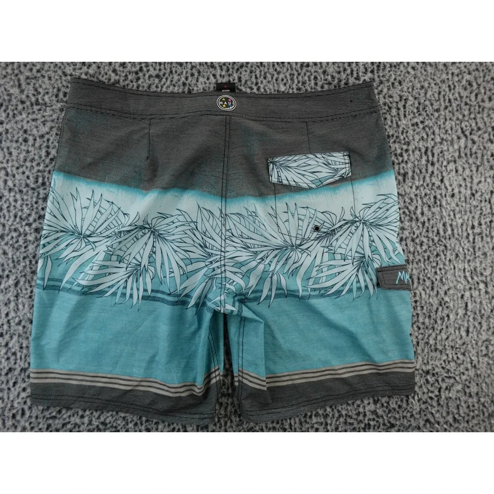 Maui and Sons Mens Board Shorts Teal Blue Palm Leaf Print‎ Elastic Waist 36